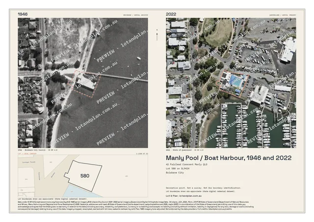 Manly Pool and Boat Harbour in 1946 and 2022, with a red lot outline and lot drawing; PREVIEW watermark.