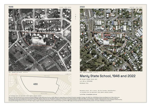 Watermarked Manly State School print: 1946 and 2022 aerial photographs with an outlined lot, a lot drawing and lot-on-plan description.
