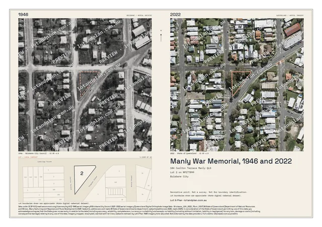 Manly War Memorial public park in 1946 and 2022, with its house-sized lot outlined and drawn below; PREVIEW watermark.